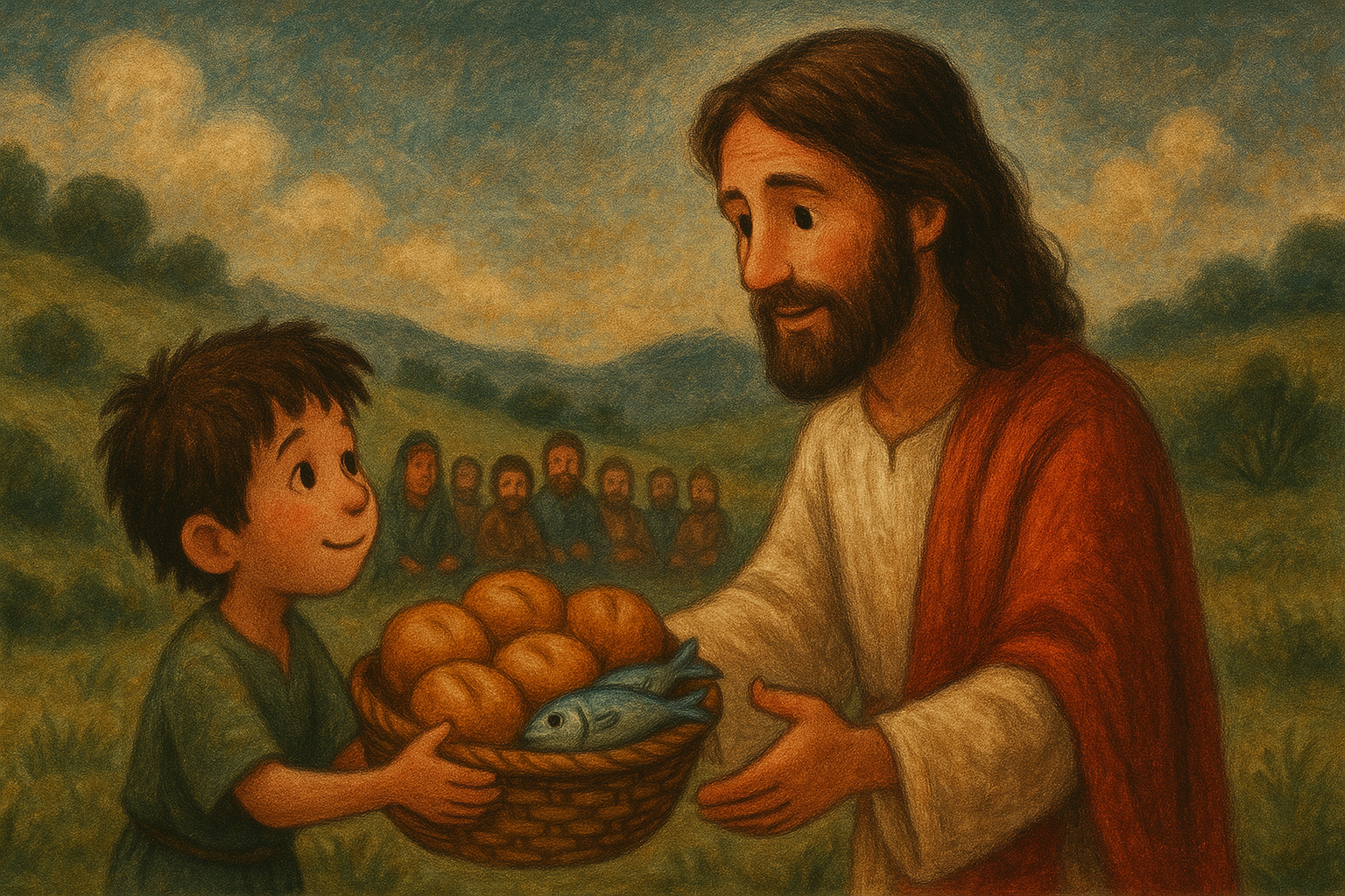 Jesus teaching boy gives loaves and fish